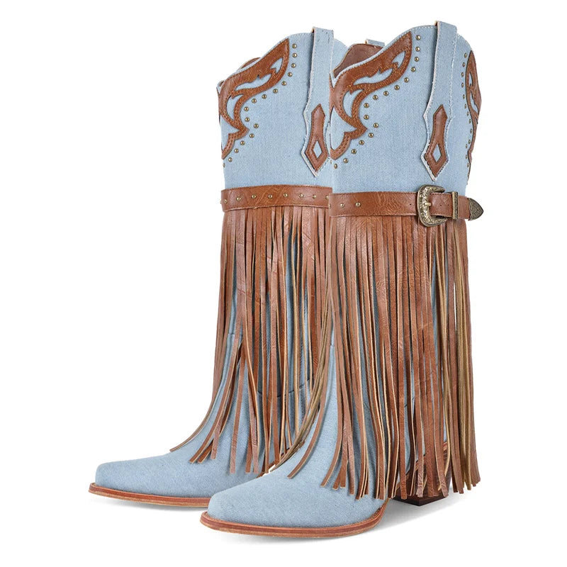 Denim fringe chunky heel boots with pointed toe