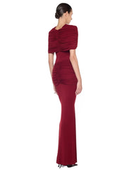 Draped O-Neck Metal Pin Ruched Waist Maxi Dress