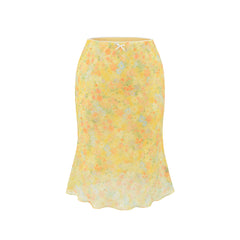 Yellow and orange floral print A-line midi skirt