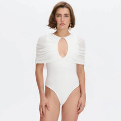 Ruched Cape Sleeve Keyhole Cut Out Bodysuit