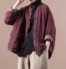 Quilted Ethnic Style Buckle Thickened Cotton And Linen Coat 