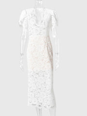 White Lace Puff Sleeve V-Neck Maxi Dress