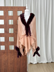 Brown Sheer Fur Trim Wrap Mini Dress
