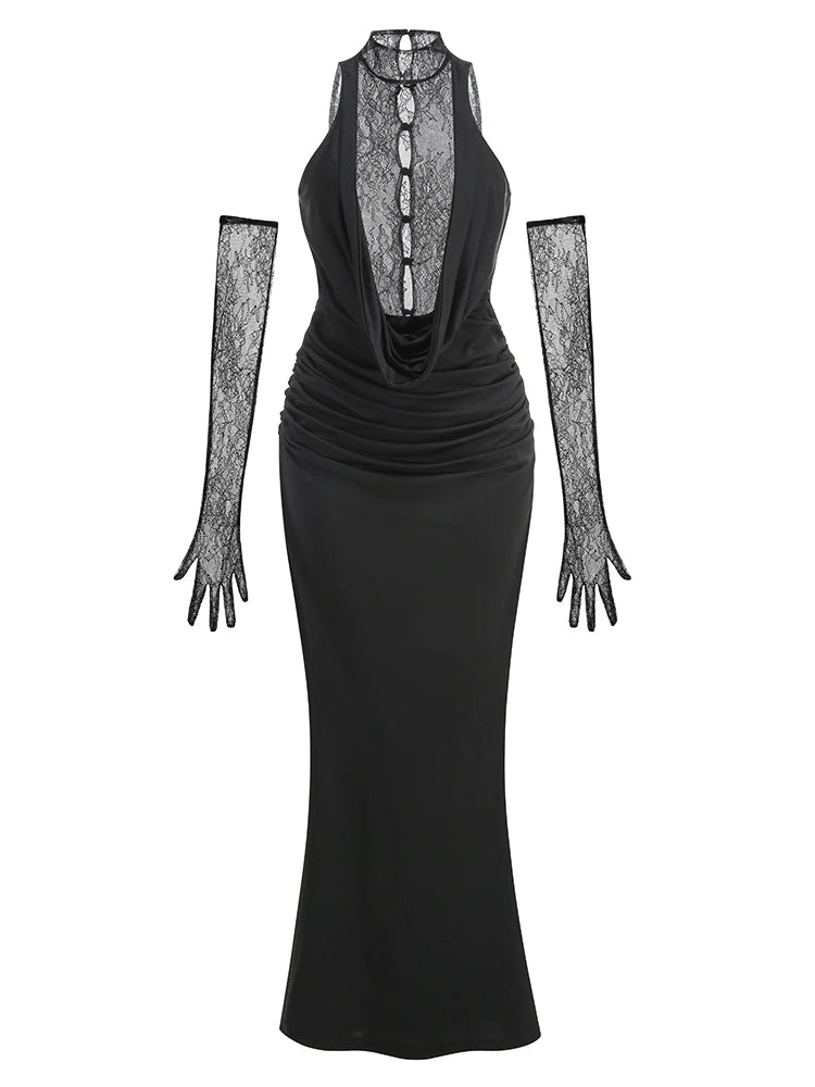 Black evening gown with lace sleeves on a white background
