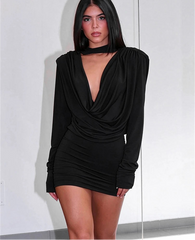 Long Sleeve Draped Choker Neckline Mini Dress