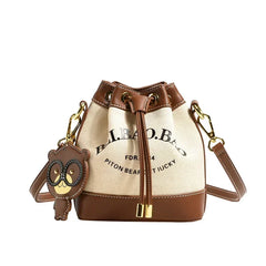 Embroidered Bear Canvas Drawstring Bucket Bag