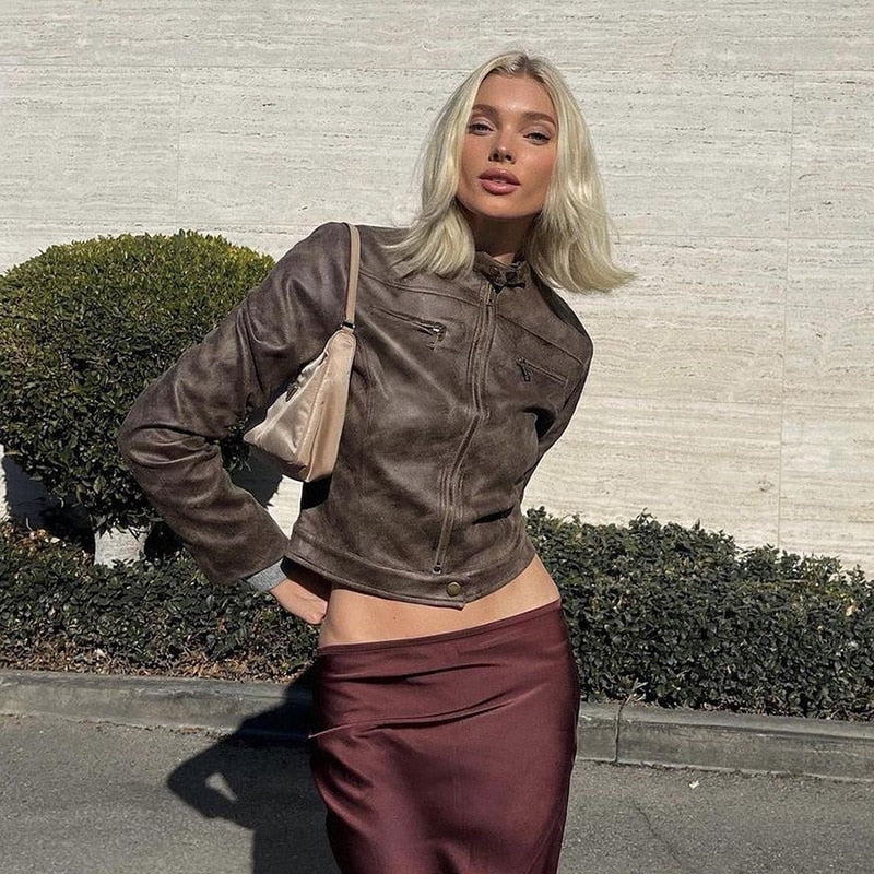 Faux Leather Long Sleeve Zipper Crop Coat Streetwear Daily Outfit