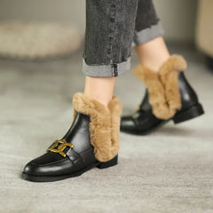 Women Winter Boots Leather Flat Metal Buckles Furry Shoes