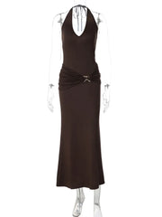 Brown Ruched  Waist Metal Buckle Halter Neck Maxi Dress
