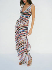 Striped V-neck sleeveless midi dress on a white background
