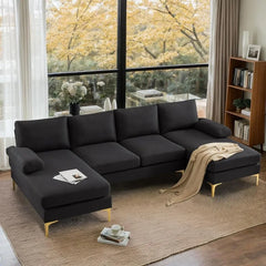 "Contemporary velvet U-shaped sectional sofa with metal legs in modern living room setting"