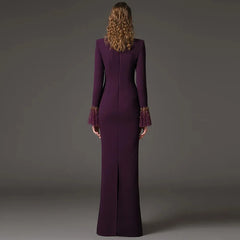 Purple Beaded Mesh Neckline Flare Sleeve Maxi Dress