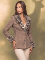Brown animal print fur trim jacket on model