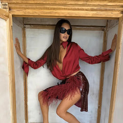 Satin Front Hollow Out Draped Long Sleeve Shirt
