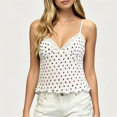 White polka dot cami top with lace V-neckline