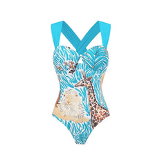 Print Halter Neck One-Piece Swimsuit with Tiered Maxi Skirt