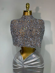 Sparkly Diamond Mock Neck Shawl Crop Top and Maxi Skirt Set
