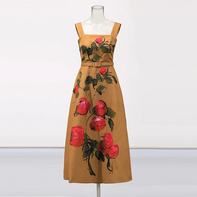 Brown dress with red floral patterns on a mannequin against a white background