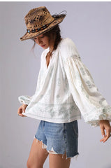 Embroidered Cotton Blouse with Lantern Sleeves