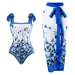 Floral Print Tie-Strap Bikini and Sarong Set