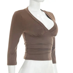 V Neck Three Quarter Sleeve Crop Top