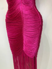 Ruched Spaghetti Strap Tassel Hem Midi Dress