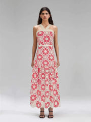 Floral crochet halter maxi dress on model