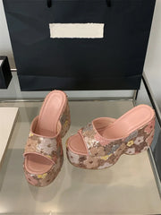 Floral Sequin Platform Wedge Sandals