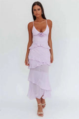 Light purple spaghetti strap maxi dress with rose embellishment and ruffles