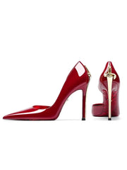 Red high-heeled shoes with gold accents on a white background