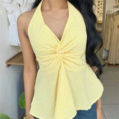 Yellow gingham twist front halter peplum top
