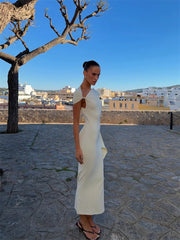 White One Shoulder Twisted Sleeve Midi Dress