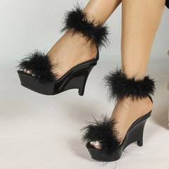 Feather Trim Wedge Platform Sandals