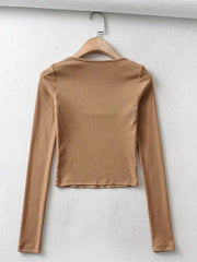 Women Cotton Ribbed Square Neck Crop Top With Long Sleeve Golden Atelier