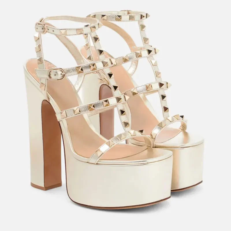 Beige high-heeled platform sandals with studded details 