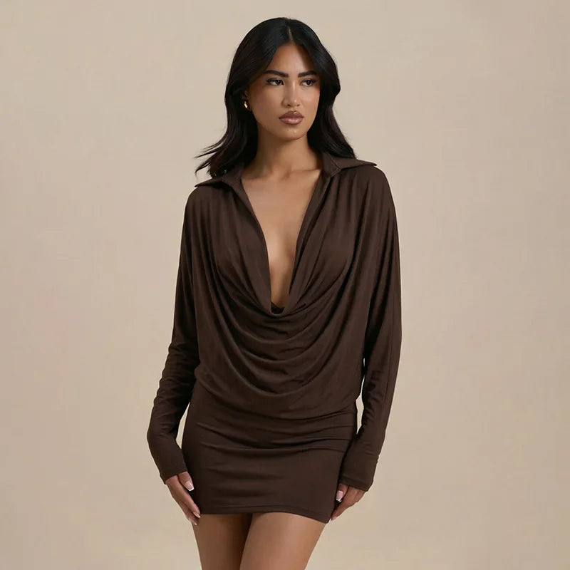 Brown cowl neck long sleeve mini dress