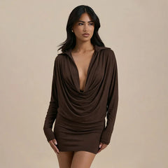 Brown cowl neck long sleeve mini dress