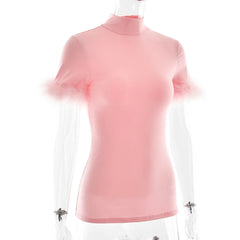 Mock Neck Feather Trim Sleeve Top
