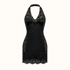 Lace Paneled Halter V-Neck Mini Dress