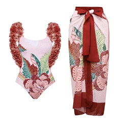 Ruffled Floral Print One-Piece Swimsuit and Maxi Skirt Set