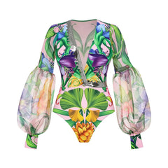 Grape Print Ruffled Swimsuit and Maxi Skirt Set