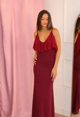V-Neck Ruffle Overlay Column Maxi Dress