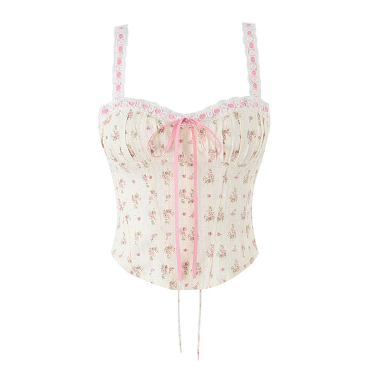 Floral print corset crop top front view.