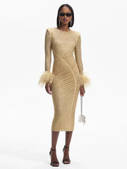 Long Sleeve Feathers Rhinestone Midi Dress