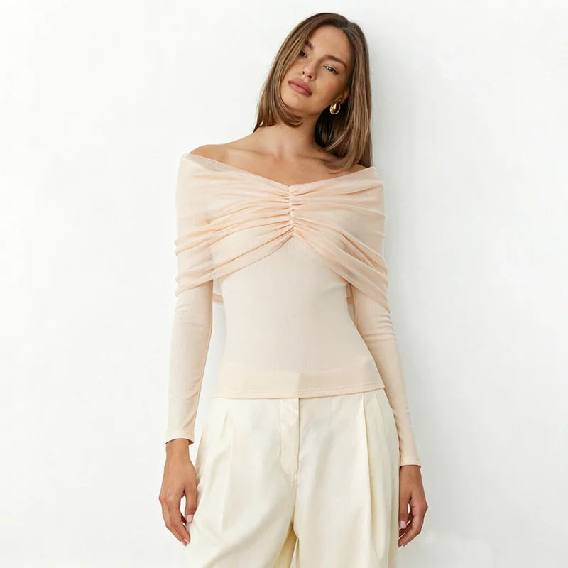 Off-shoulder pleated mesh top detail