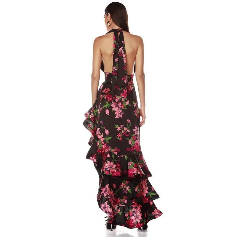 Floral halter neck asymmetrical ruffle maxi dress - back view