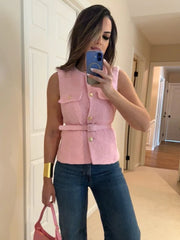 Tweed Belted Sleeveless Top