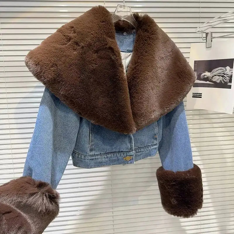Front view of blue denim jacket with faux fur collar and cuffs