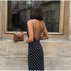 Polka Dot Beaded Strap Open Back Maxi Dress