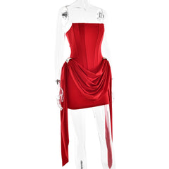 Strapless Draped Metal Ring Waist Dress